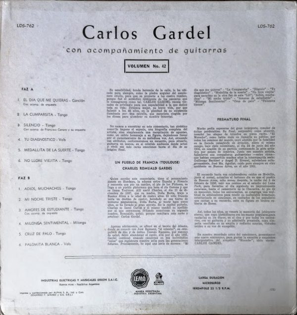 Vinilo Carlos Gardel Con acompañamiento de guitarras.